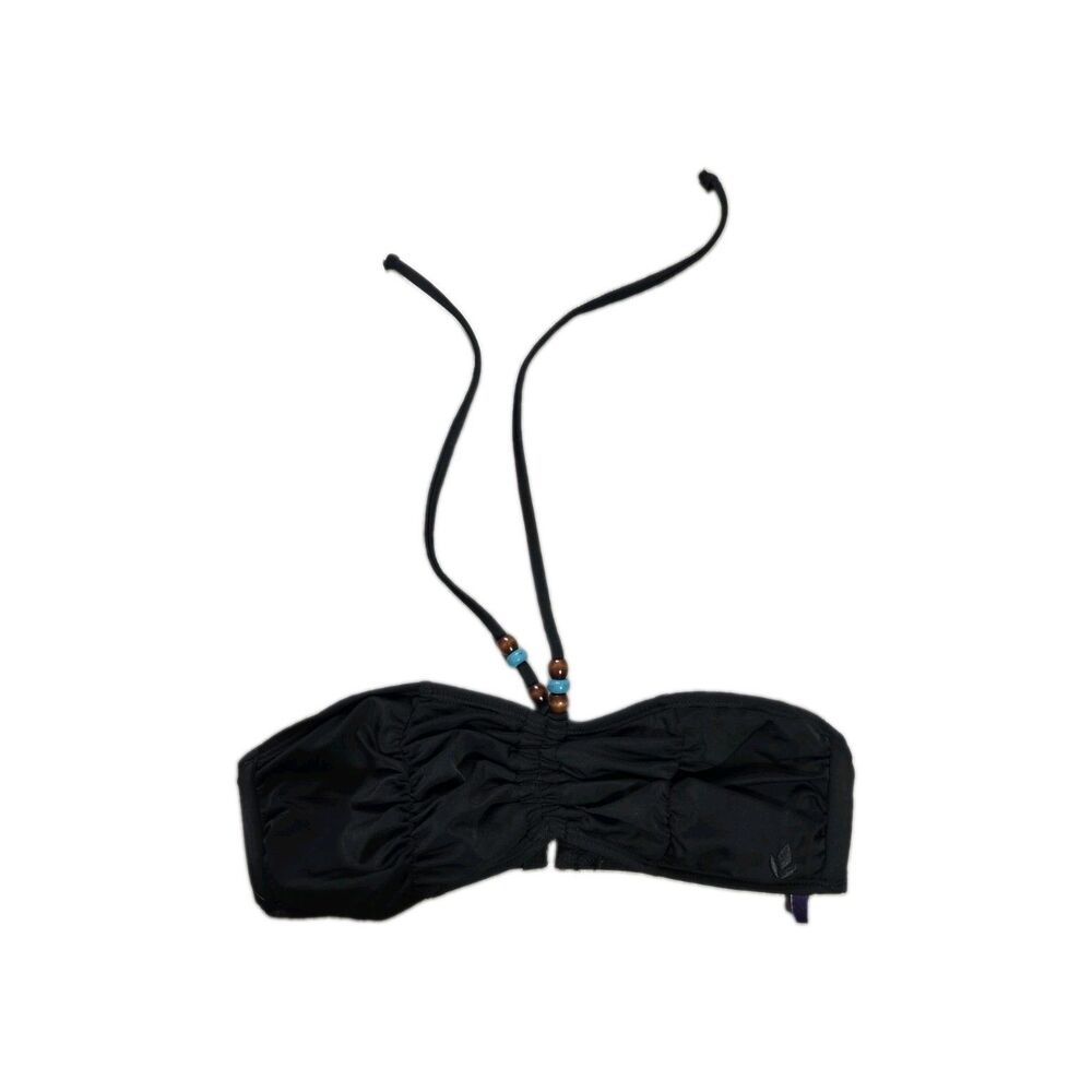 Reef Black Bandeau Bikini Top Beaded Halter Strap Ruched Swimwear Womens M EUC